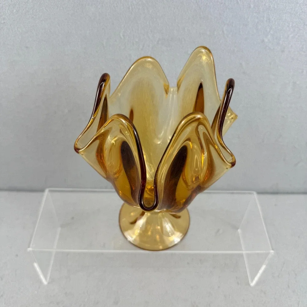 Viking Amber Art Glass Pedestal Vase Handkerchief Swung Rim Mid Century
